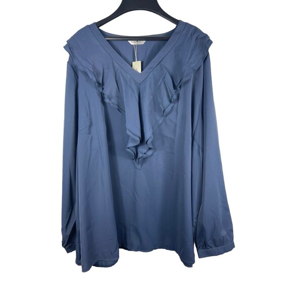 Agnes Orida Tops - Agnes Orida 4x Blue Ruffled V-neck Long Sleeve Top NWT Office Work Wear